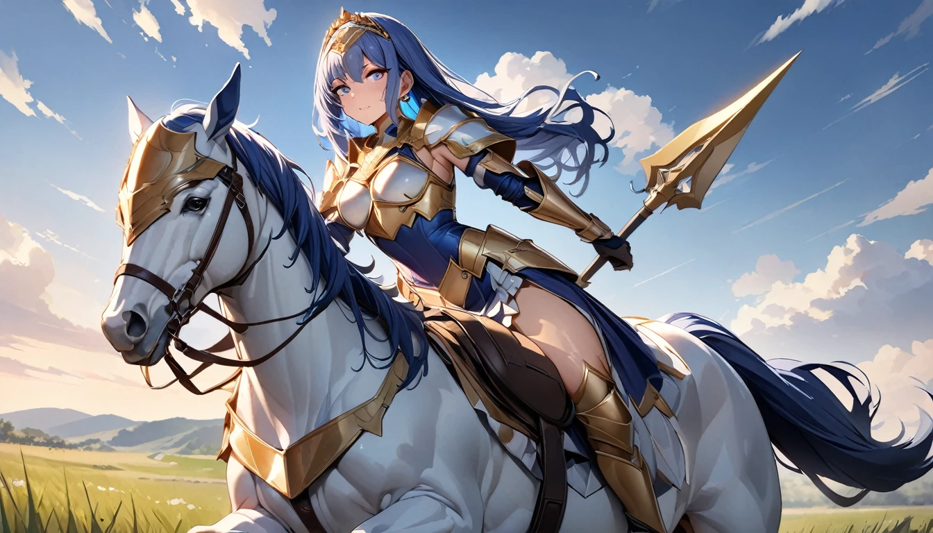 (Perfect Anatomy)、Mastepiece、Ultra High Quality、 8K、masterpiece、Highest quality、Ultra-high resolution、Maximum resolution、Very detailed、Professional Lighting、anime、Adult female、thin、so beautiful、Highly detailed eye、Highly detailed face、Armored Dress, Blue and white armor, , Golden decorated luxury tiara,Golden earrings,Frilly Armor,Blue Hair, blue eyes,White underwear、grassland, equipped with a spear, female spearman, lancer, on horseback, ride a horse