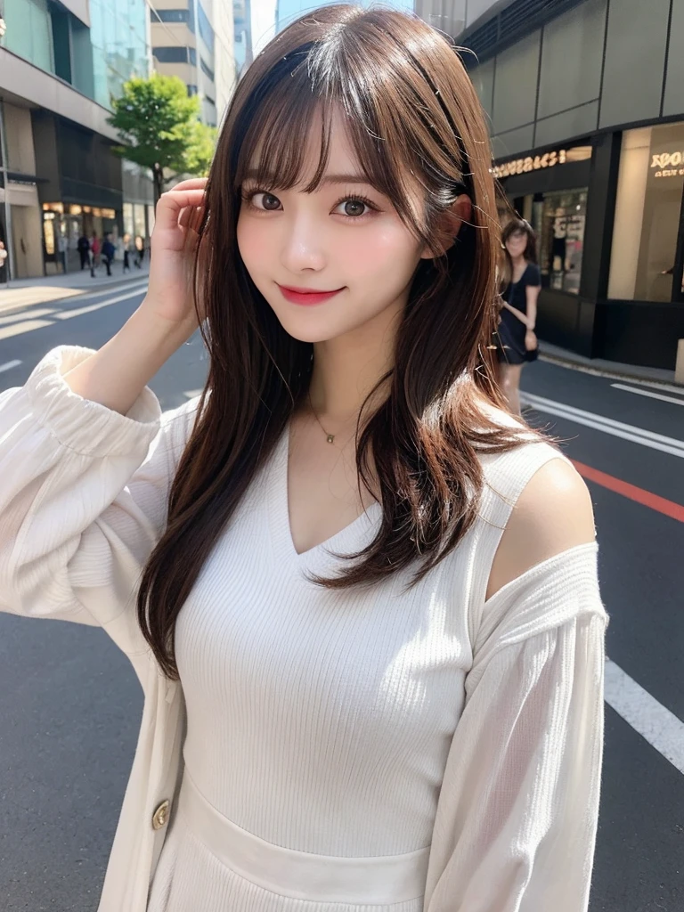 masutepiece, Best Quality, Illustration, Ultra-detailed, finely detail, hight resolution, 8K Wallpaper, Perfect dynamic composition, Beautiful detailed eyes, Women's Fashion Summer,Medium Hair,Small breasts natural color lip, Bold sexy poses,Smile,Harajuku、20 years girl、Cute、Sexy shot looking at camera