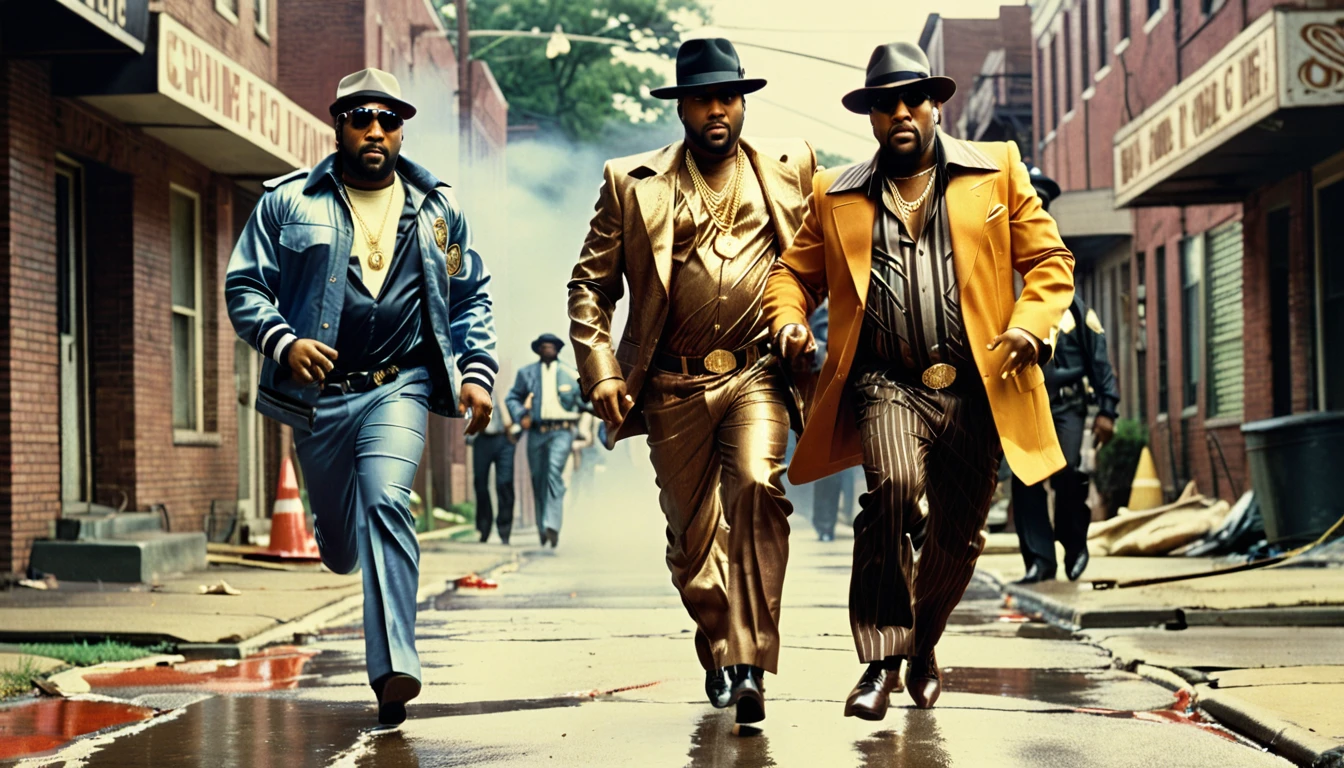 1970s photo of "Bun B" and "Pimp C" wearing 1970s attire, running from a crime scene, cinematic action, atmospheric perspective, textured skin, super detail,