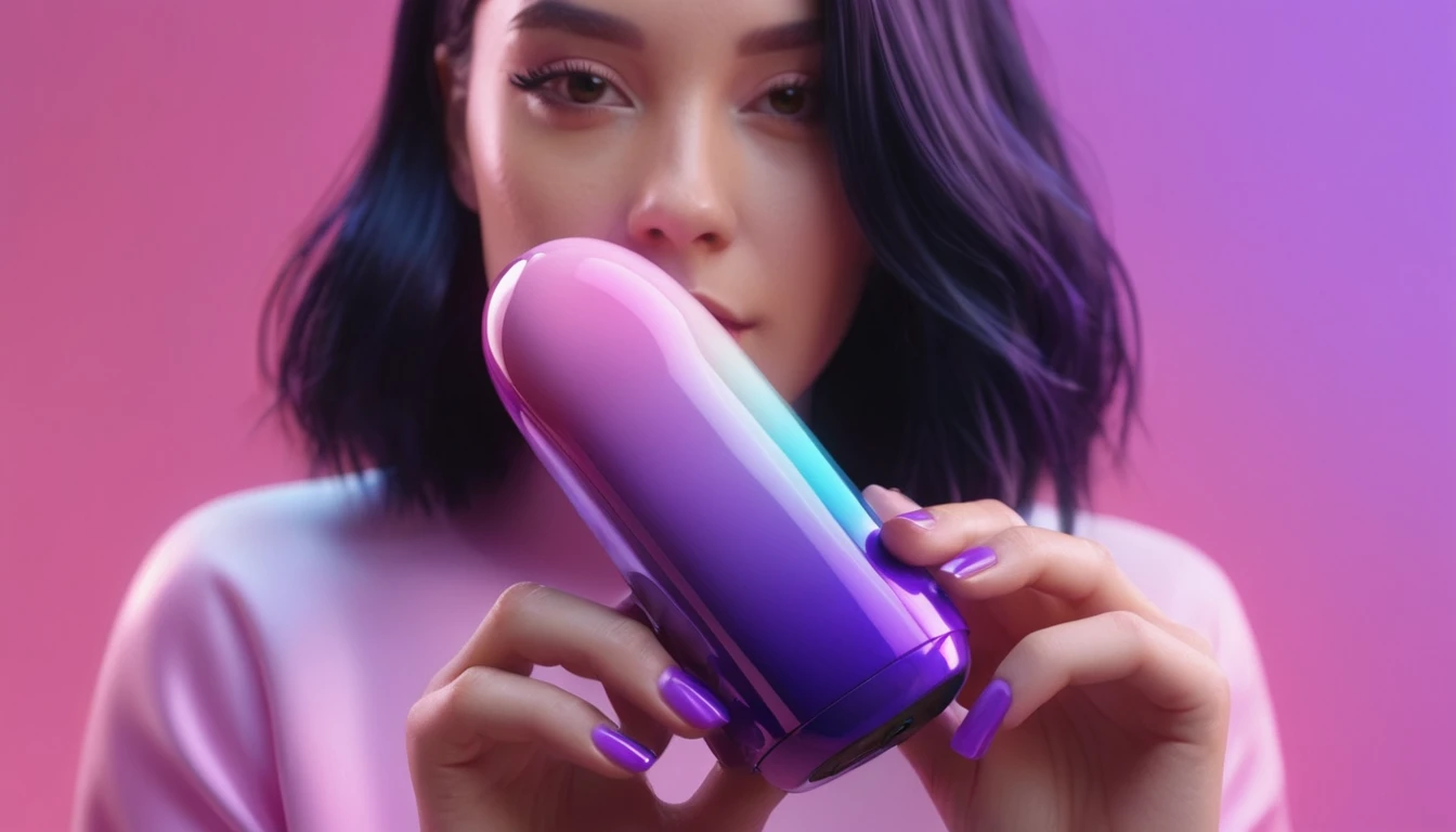 smartphone in her hand, blackhair female hands holding dildo to her face, that is glowing with pink and purple colours, dripping wet, closeup macro photo, minimalistic, in a light purple and pink style, with soft edges and blurred details, in the toycore style, with a 3D render, on a colorful background, with a minimalist stage design, in a surreal style, with a cinema4D rendering, with a minimalist style, with low saturation, using gradient colors, with a cinema4D rendering, with a blender rendering, with super detail, at a super high resolution, at a super high definition

