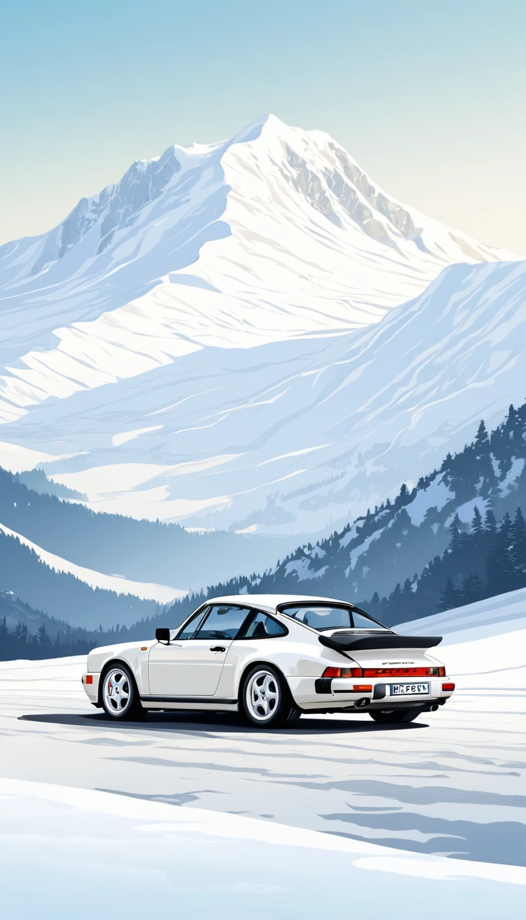 vector illustration of porsche 964 carrera 4, white, back side view , realistic snowy mountain landscape