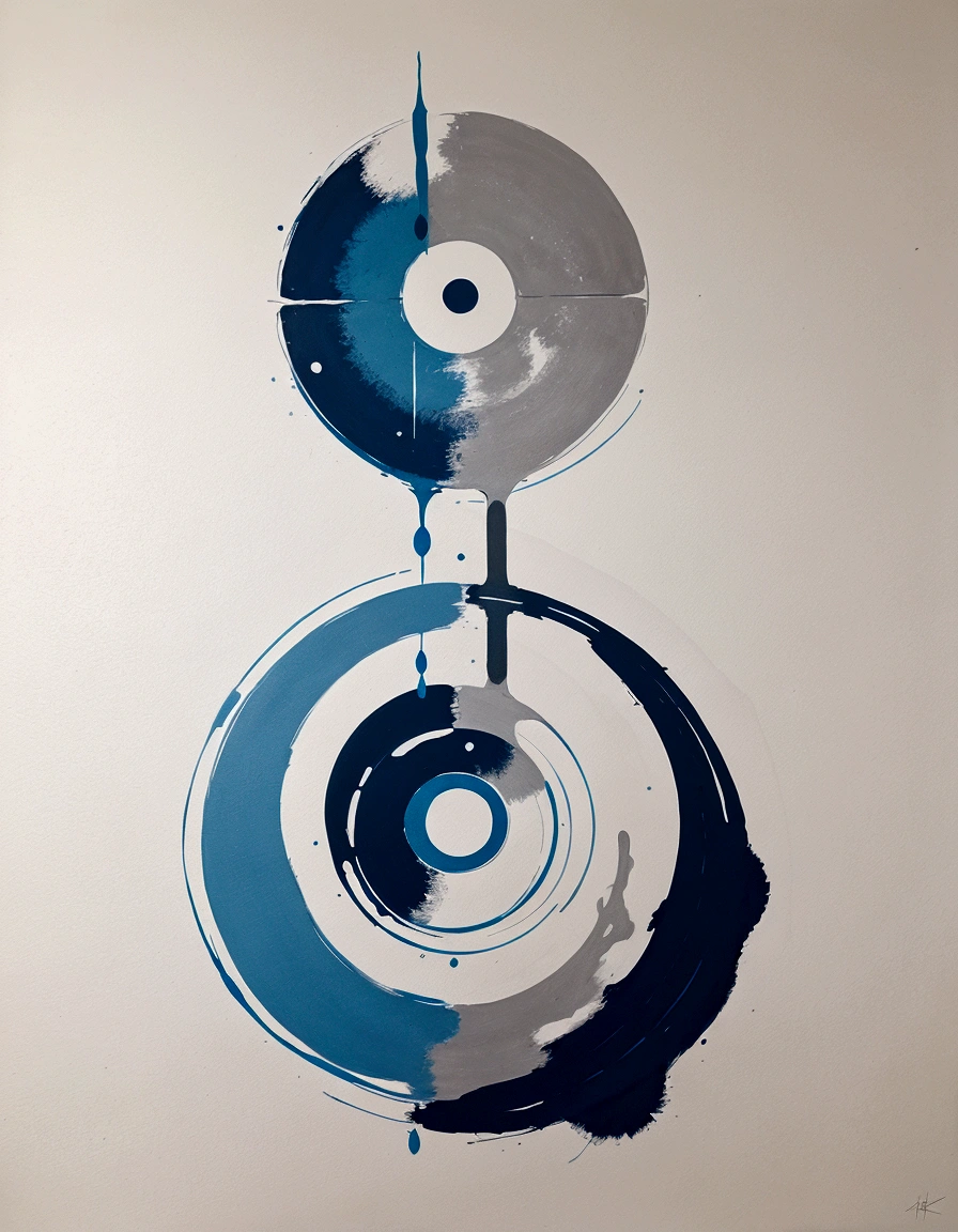 modern abstract painting, grey, blue, salmon color, Round asymmetrical abstract graphics, harmonious colors, major, high quality, Brushstrokes, balanced composition