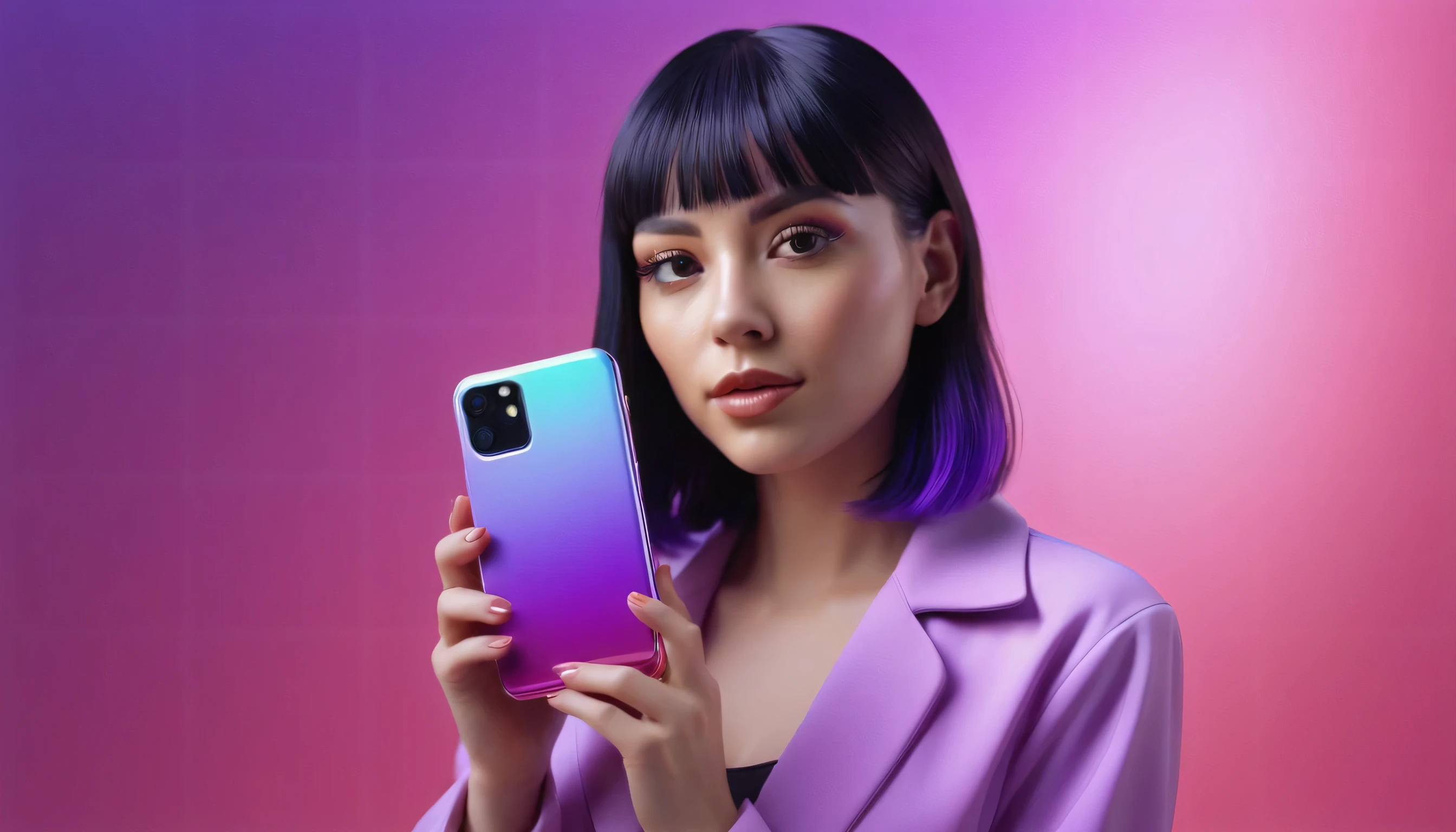 smartphone in her hand, blackhair female hands holding dildo to her face, that is glowing with pink and purple colours, dripping wet, closeup macro photo, minimalistic, in a light purple and pink style, with soft edges and blurred details, in the toycore style, with a 3D render, on a colorful background, with a minimalist stage design, in a surreal style, with a cinema4D rendering, with a minimalist style, with low saturation, using gradient colors, with a cinema4D rendering, with a blender rendering, with super detail, at a super high resolution, at a super high definition