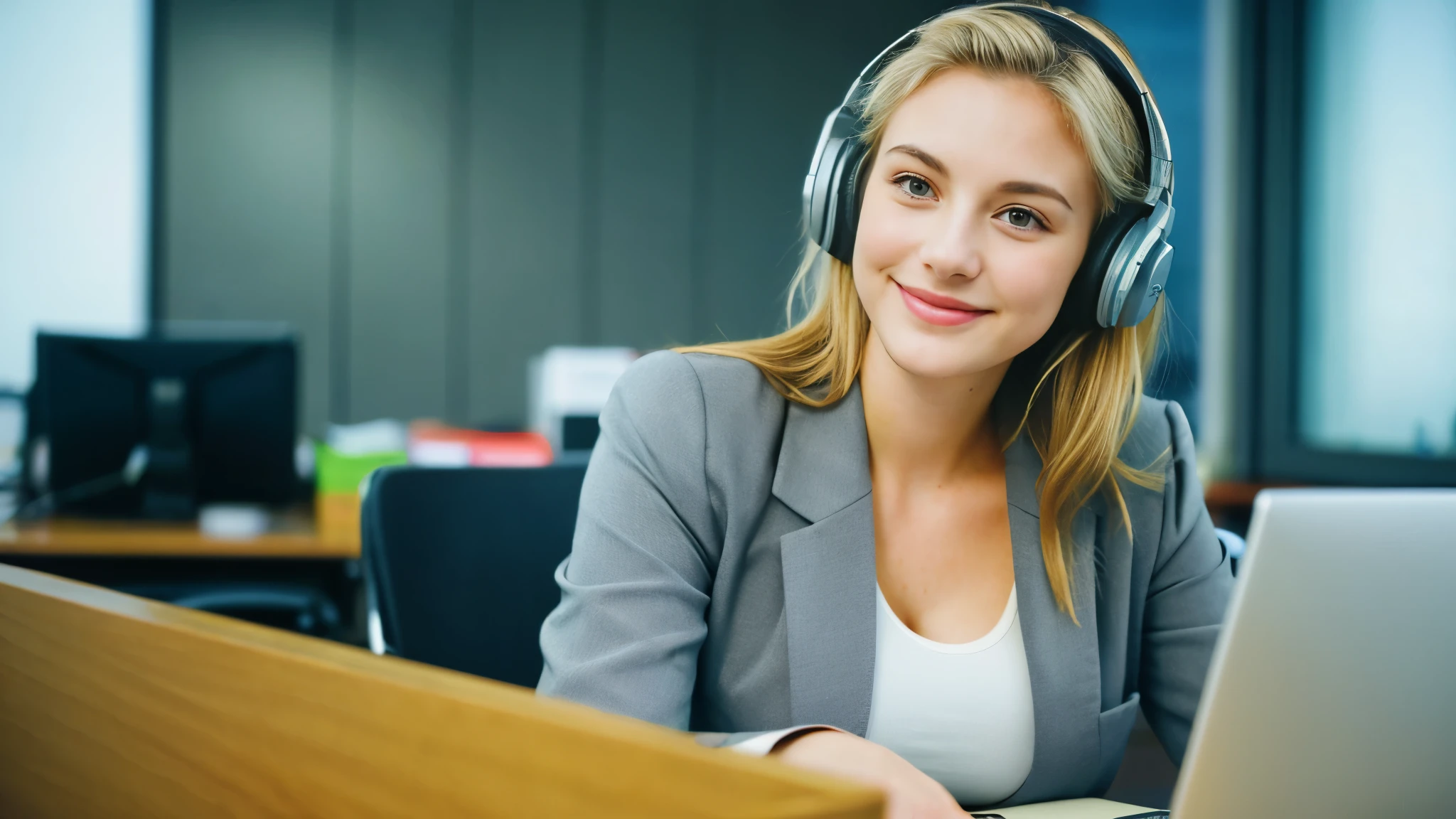 Beautiful blonde with large breasts in a gray suit (Taking a break in the office late at night),Wearing headphones,Very detailed, 21 years old, Innocent face, Naturally Wavy Hair, blue eyes, High resolution, masterpiece, Highest quality, Intricate details, Very detailed, Clear focus, Delicate skin, practical skin texture, texture, Delicate eyes, Professional, 4K, Cute Smile, Shot with Canon, 85mm, Shallow and deep,  Kodak Vision Color, Exactly, Very detailed, photograph_\(Extremist\), photographpractical, practical, Post-processing, Maximum details, Roughness, Real Life, Extremist practical, Photorealism, photographgraphy, 8K Ultra HD, photographgraphy