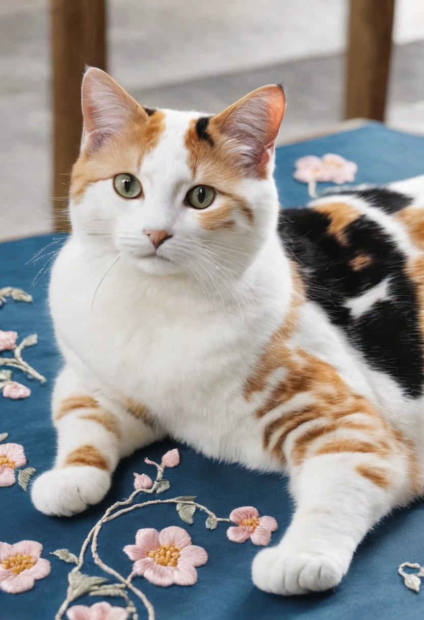 embroidery作品, （A translucent blue embroidery hangs on the wall）, （embroidery），a cat，First class embroidery，丝绸embroidery蓝色花瓣, Surrounded by realistic embroidered flowers, Inspired by Yao Jianping&#39;s Suzhou embroidery《Blue Dream》，（background：Blue fragrant cloud yarn），Rich details, Silk Painting, Ink Painting, Holographic rectangular glass frame, Smooth lines, Cat&#39;s Eye View, Realistic embroidery details, Ultra HD, Super Detail, 16K,
