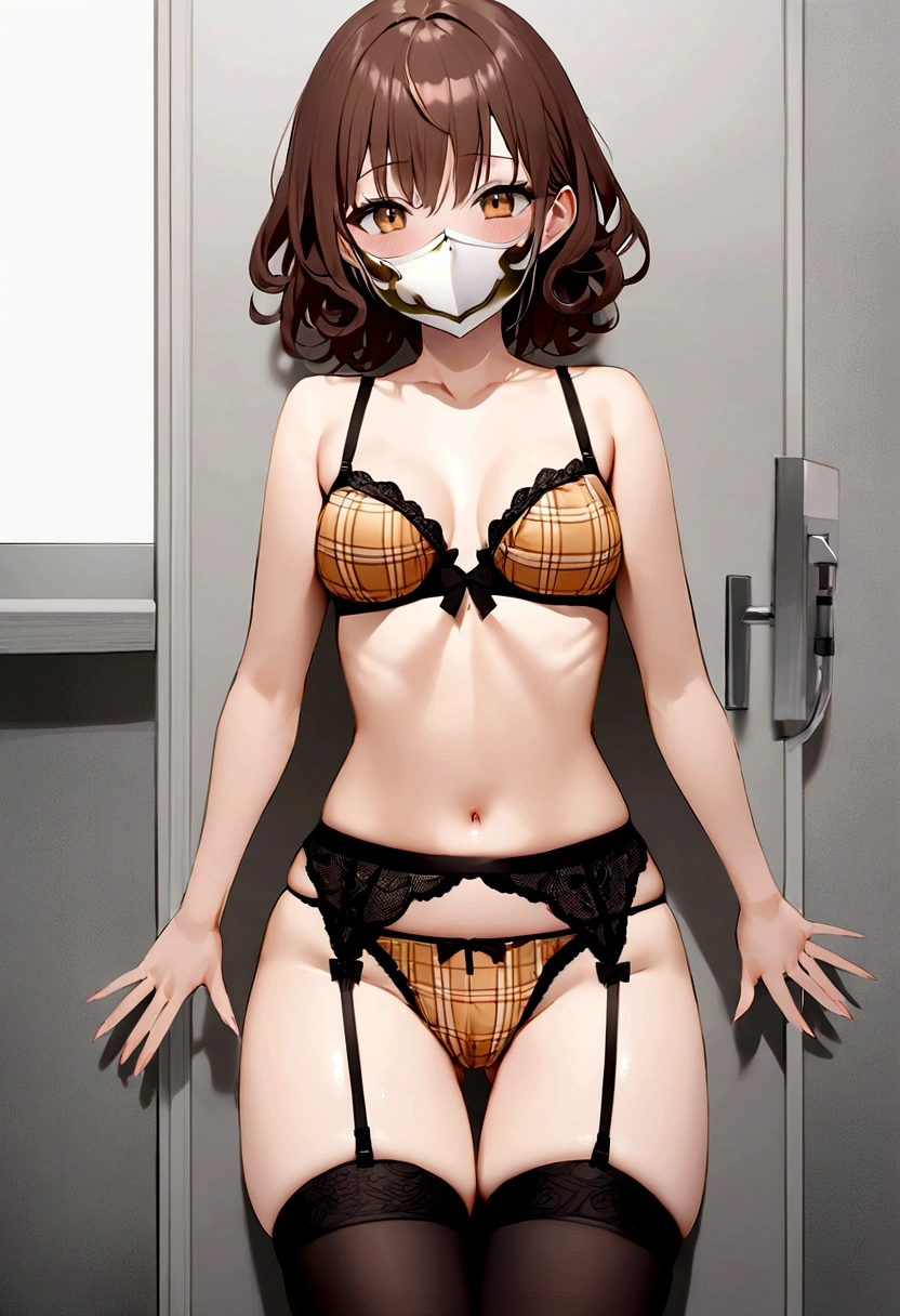 Highest image quality、highest quality、highest resolution、real image、detailed、1 female college student、Brown curly hair、looking at camera、(slender body:1.2)、(small breasts:1.2)、Red and gold plaid mask and bra、red and gold panties and garter belt、I am studying Iga-ryu Ninpo and my skill level is 2nd Dan in Iga-ryu Ninpo.、Special moves are the shocking pie beam and hip attack.、The words Igaryu are written on the mask, bra, and panties.、Masked college girls never show their real faces because it's much more embarrassing to show them their real faces than to show their boobs and pussies.、(Decide on the pose for the Iga-ryu ninja technique.:1.5)、(Other half-mask masks are scattered on the floor and walls.:1.3)