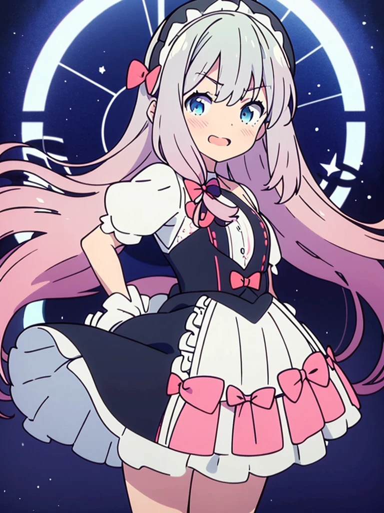 Vtuber Beautiful great quality 8k very detailed perfect anatomy a girl in a black and white dress standing on a blue floor, an anime drawing inspired by Puru, trend on pixiv, tachisme, Live2D Virtual Youtuber Model, anime moe art style, holoviva, mikudayo, magical girl style, my dress anime darling, maid outfit, I will deny the matter 