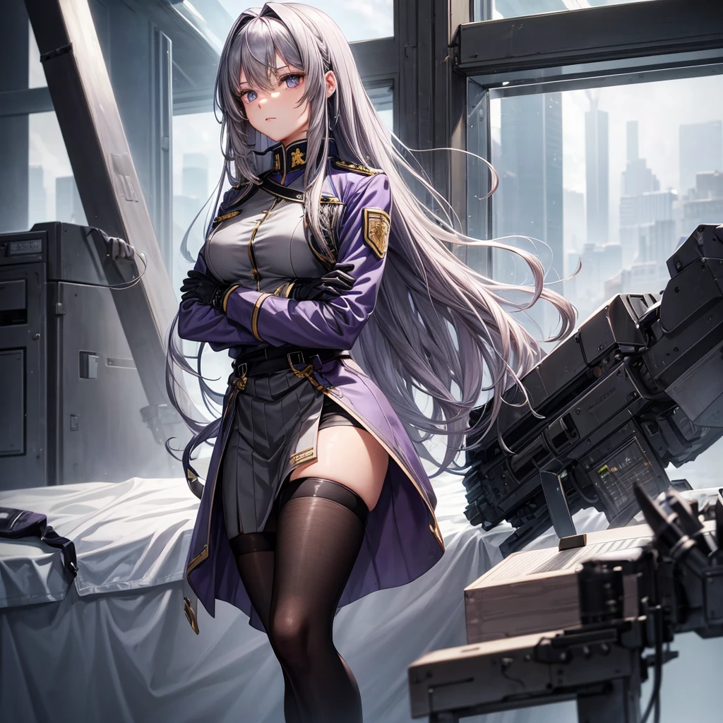 Beautiful woman, 1girl, long hair, grey purple hair, grey eyes, military uniform, small ???????, grey uniform, grey skirt, black gloves, crossed arms