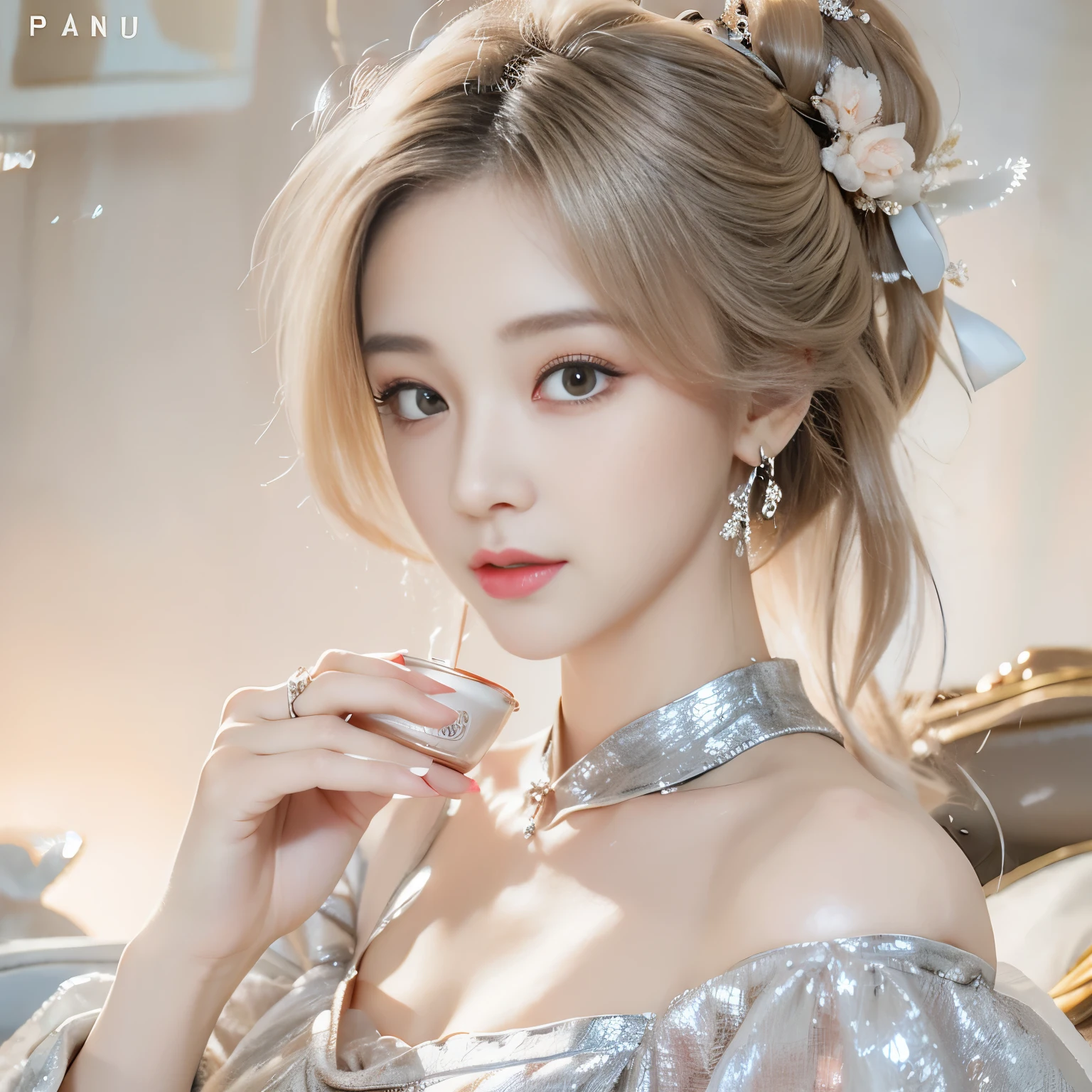 （8K）、（Best image quality:1.5）、gray background、face close up、１girl、masterpiece、Delicate and sharp eyes、brown eyes、power of eyes、delicate face、cup、fascinating face、platinum blonde hair、Half length wave、white cheongsam、Chinese dress that exposes the collarbone、female、collarbone emphasis、earring、necklace、