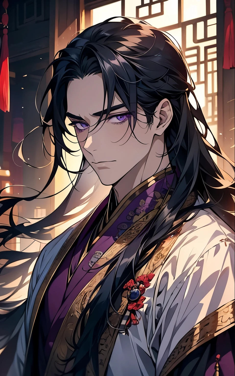 1 middle-aged man, (45 years old), long black hair, violet eyes, chinese clothes, (!PURPLE! clothes), available at purple chinese room, portrait
