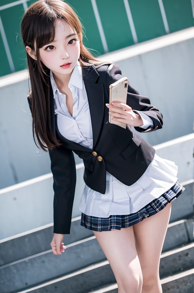 Top quality, high image, 1 woman, 18 years old, school stairs, black jacket, Medium breasts,white blouse,(plaid miniskirt), cotton panties,upskirt from below