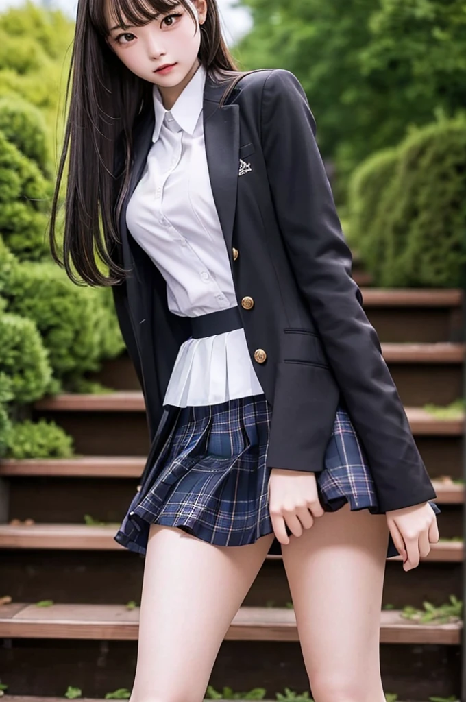 Top quality, high image, 1 woman, 18 years old, school stairs, black jacket, Medium breasts,white blouse,(plaid miniskirt), cotton panties,upskirt from below