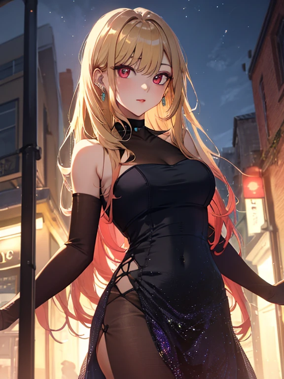 masterpiece, vibrant colours, best quality, detailed, highres, absurdres, score_9, score_8_up, score_7_up, aaerina, long hair, sweater dress, turtleneck, sleeveless, night, city, standing, smile