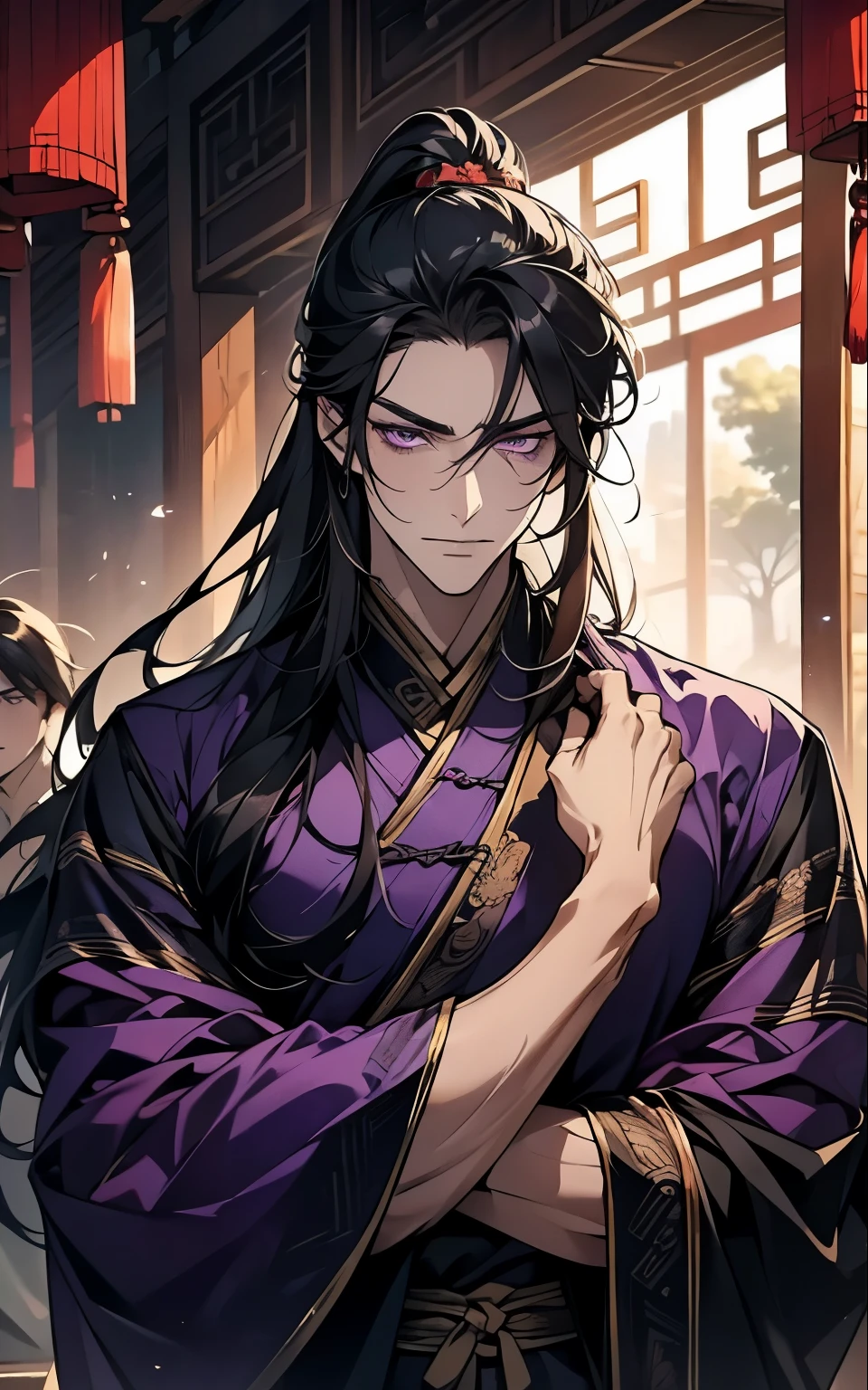 1 middle-aged man, (45 years old), long black hair, violet eyes, chinese clothes, (!PURPLE! clothes), available at purple chinese room, portrait