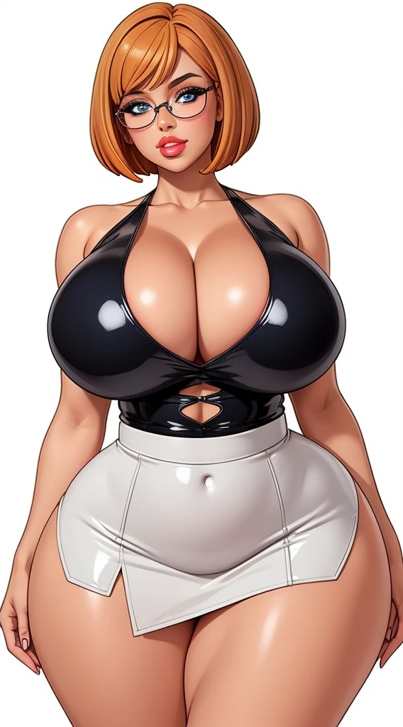 glasses, chubby, curves, bbw, light hazel hair, bob haircut, blue eyes, full lips, orange top, red miniskirt, like pvc figure, looking at viewer, perfect hands, big breast, wide hips, thick thighs, upper body, cowboy shot, clean scene, white background, high detailed, masterpiece,