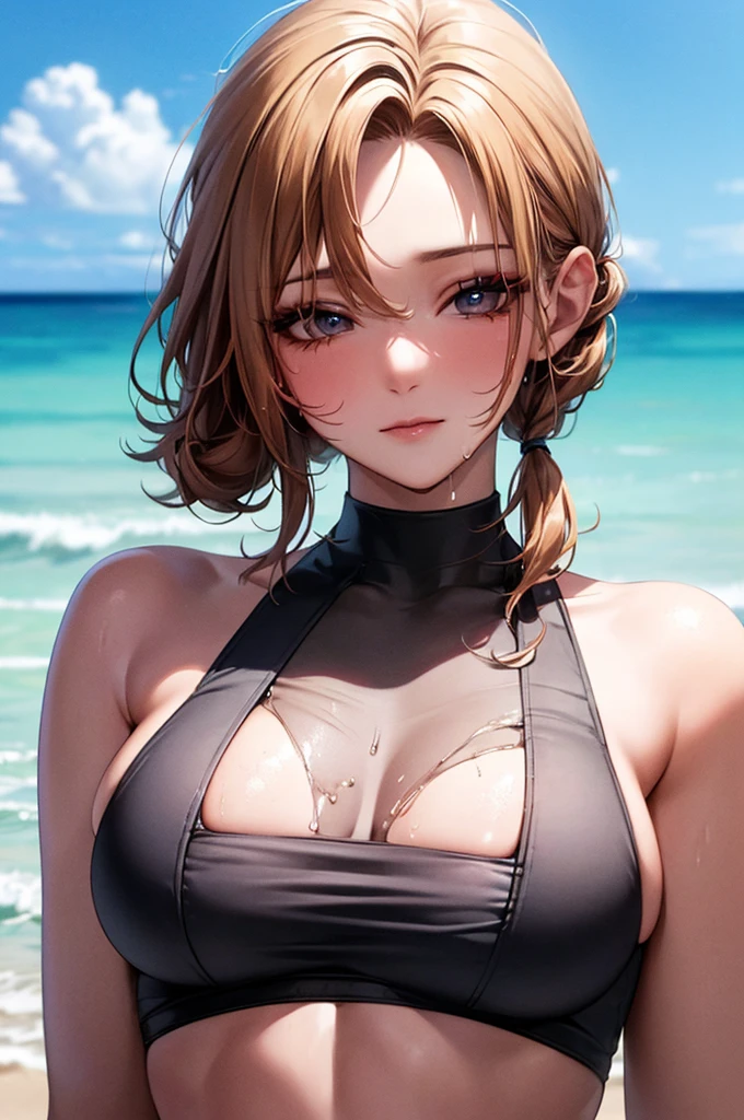 Hawaiian Wakiki Beach, Sleeveless dress, ((Highest quality, 8K, masterpiece: 1.3))), Clear focus: 1.2, (Layered Cut, big: 1.2), Perfect body beauty: 1.4, Slim Abs: 1.2, Wet body: 1.5, Highly detailed face and skin texture, close your eyes, double eyelid, Messy hairstyle, Simple Makeup,