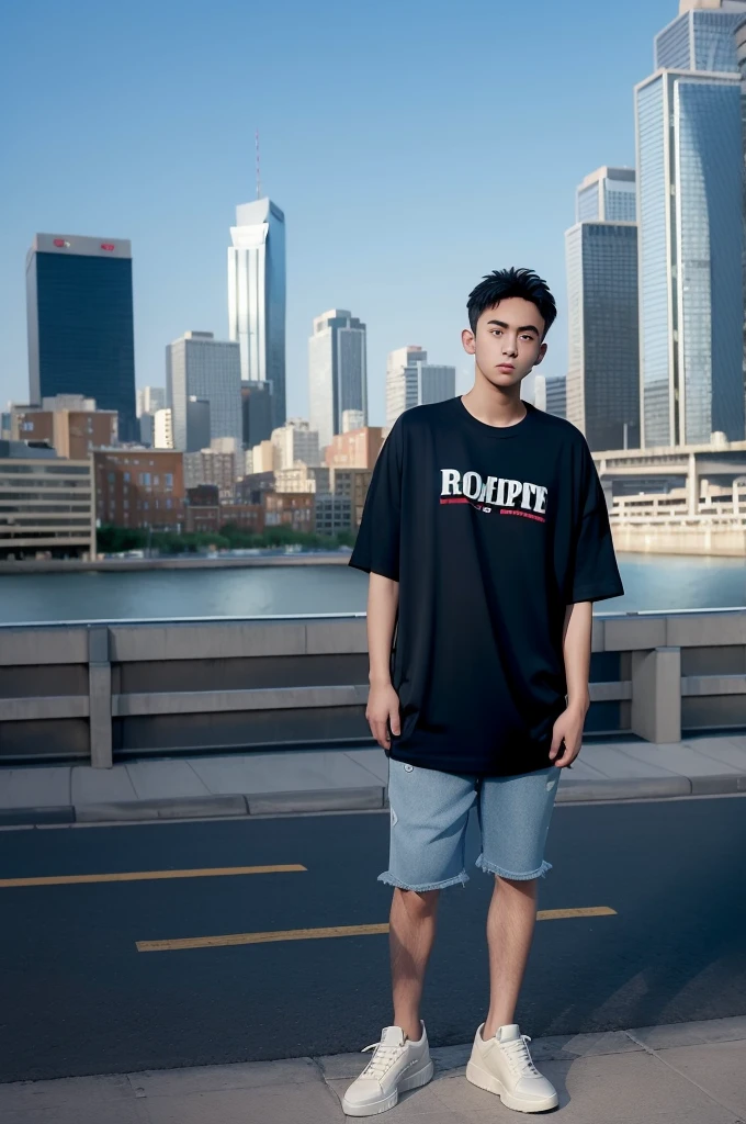 Best Quality, masutepiece, (Photorealistic:1.4), 1boy, Solo, Short hair, Big eyes, oversize blue T shirt, sneakers  ((full body:1.3)), Dramatic Lighting, Looking at Viewer, Standing, Outdoors,, Cityscape, A city scape, Buildings