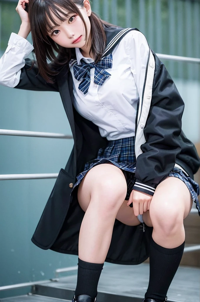 Top quality, high image, 1 woman, 18 years old, school stairs, black jacket, Medium breasts,white blouse,(plaid miniskirt), cotton panties,upskirt from below