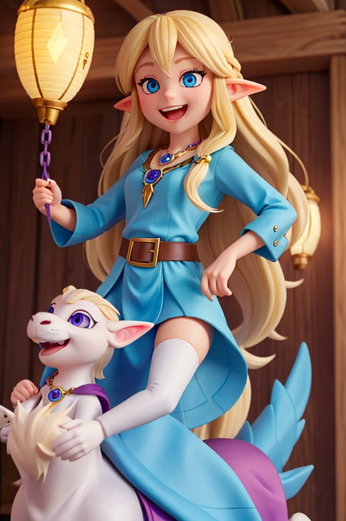 a with long blonde hair and sparkling blue eyes , she has elf ears and a necklace with a purple pendant, she happy, she smiling
riding a dragon light blue