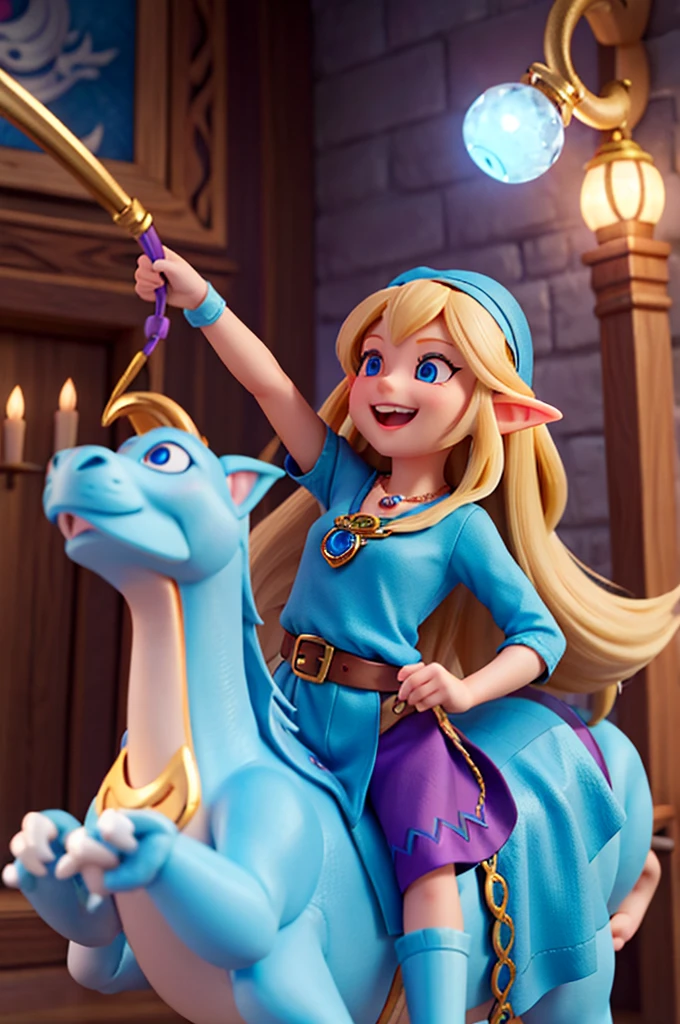 a with long blonde hair and sparkling blue eyes , she has elf ears and a necklace with a purple pendant, she happy, she smiling
riding a dragon light blue