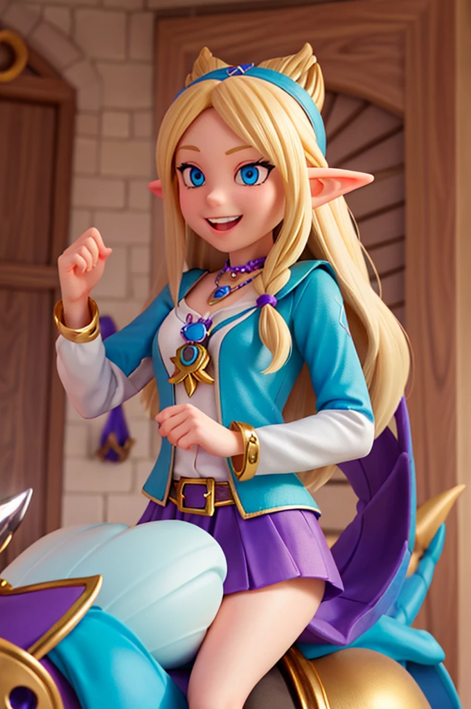 a with long blonde hair and sparkling blue eyes , she has elf ears and a necklace with a purple pendant, she happy, she smiling
riding a dragon light blue