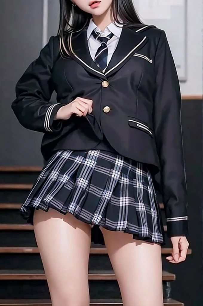 Top quality, high image, 1 woman, 18 years old, school stairs, black jacket, Medium breasts,white blouse,(plaid miniskirt), cotton panties,upskirt from below