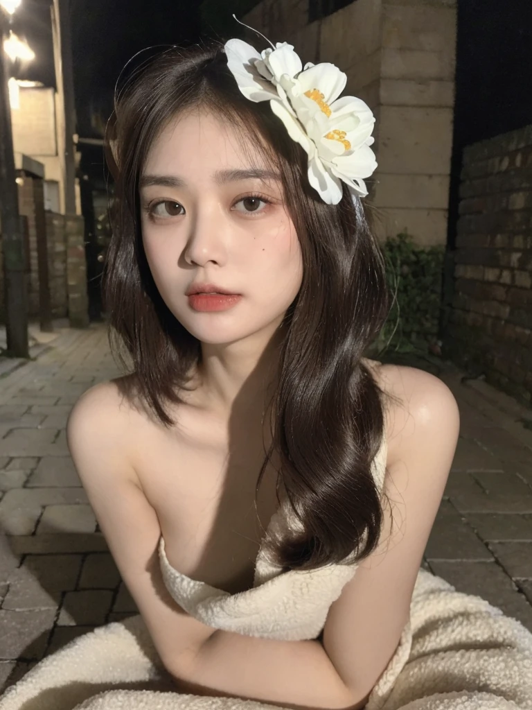 ((Best Quality, 8K, Masterpiece: 1.3)), (Flower Cap: 1.3), Focus: 1.2,(Full Body),(Naked),Perfect Body Beauty: 1.4, Buttocks: 1.2, (Layered Haircut: 1.2)), (Dark Street: 1.3), Highly Detailed Face and Skin Texture, Full Body, Delicate Eyes, Double Eyelids, Whitened Skin, Long Hair, (Round Face: 1.5).