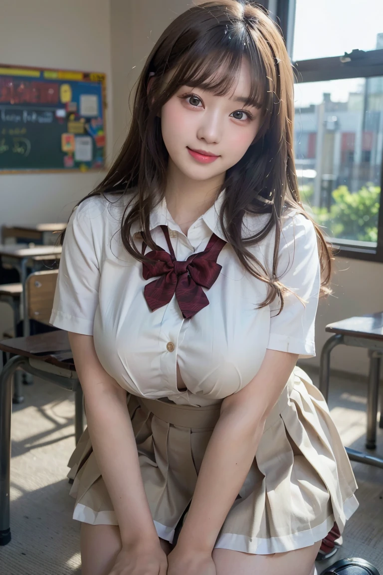 (Best quality,masterpiece,ultra detailed,8K,RAW photo,realistic,high resolution:1.2),(Pretty Japanese girl),(Super huge tits:1.4),(light brown hair),(school uniform,white shirt,pleated skirt:1.4),(voluptuous:1.4),(shoulder length),(light smile),(thick:1.4)