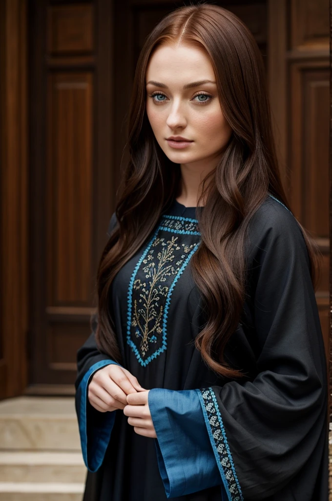 Beautiful brunette girl identical to Sophie Turner in a long black tunic with blue embroidery