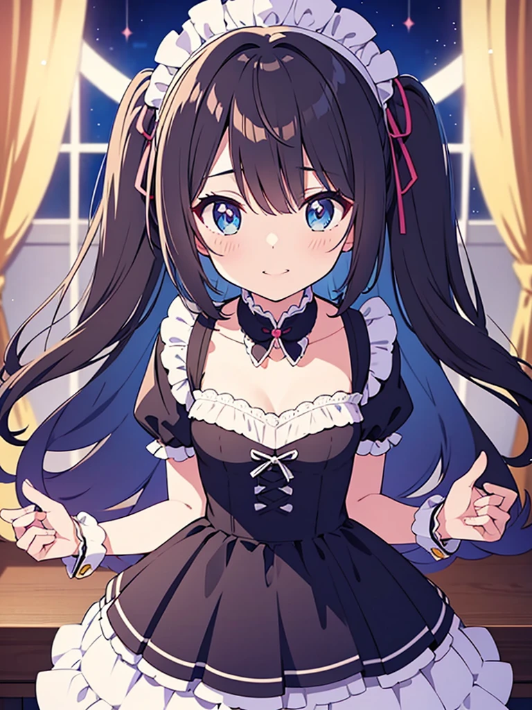 Vtuber Beautiful great quality 8k very detailed perfect anatomy a girl in a black and white dress standing on a blue floor, an anime drawing inspired by Puru, trend on pixiv, tachisme, Live2D Virtual Youtuber Model, anime moe art style, holoviva, mikudayo, magical girl style, my dress anime darling, maid outfit, I will deny the matter