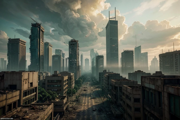 a ruined futuristic town, abandoned cyberpunk city, post-apocalyptic cityscape, crumbling skyscrapers, overgrown with vegetation, decaying infrastructure, rusted metal, neon signs, broken windows, debris scattered, moody lighting, cinematic composition, dystopian atmosphere, muted color palette, (best quality,4k,8k,highres,masterpiece:1.2),ultra-detailed,(realistic,photorealistic,photo-realistic:1.37)