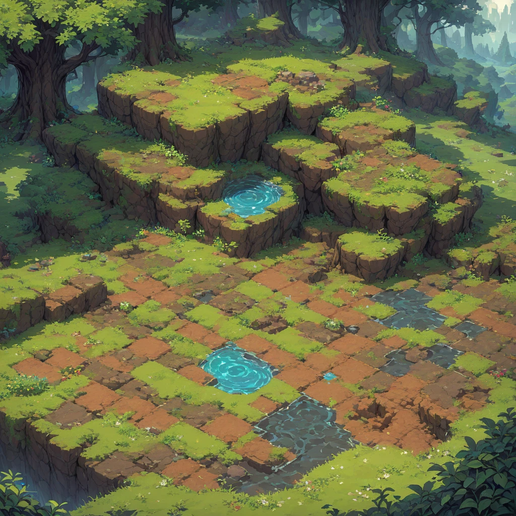 retro video game style,pixelated graphics,vibrant colors,8-bit characters,blocky shapes,sharp lines,detailed shading,classic gaming vibe,nostalgic atmosphere,classic arcade games,masterpiece:1.2,ultra-detailed,illustration style, 2d texture, clay texture, stone texture, 4 k seamless mud texture, video game texture, dirt texture, tileset, game tiles, clay material, flat texture, grass, trees, rock texture, rocky ground, forest, topdown view, game texture, game art, ground very detailed, dirt, floor texture, tileable texture, flowers, bushes, shrubs, intricate ground stone, top down view, 3/4th perspective