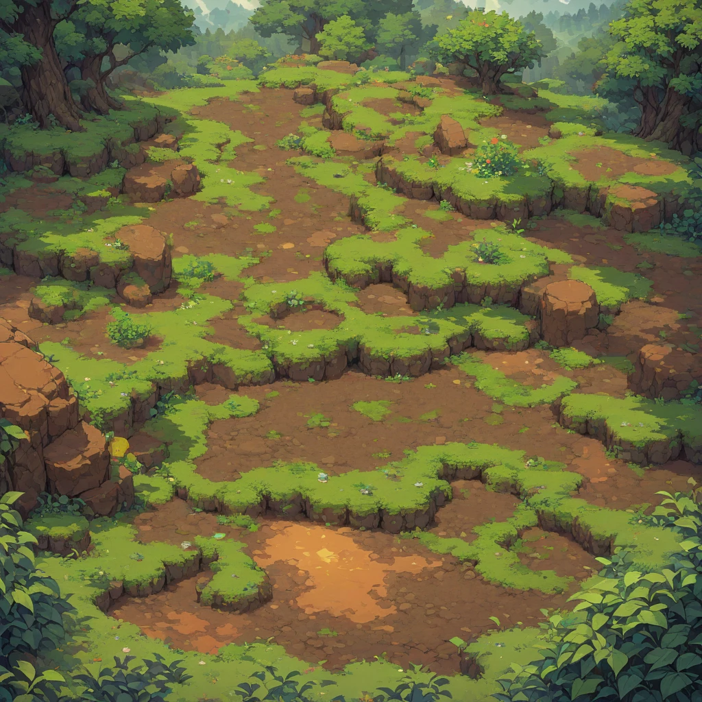retro video game style,pixelated graphics,vibrant colors,8-bit characters,blocky shapes,sharp lines,detailed shading,classic gaming vibe,nostalgic atmosphere,classic arcade games,masterpiece:1.2,ultra-detailed,illustration style, 2d texture, clay texture, stone texture, 4 k seamless mud texture, video game texture, dirt texture, tileset, game tiles, clay material, flat texture, grass, trees, rock texture, rocky ground, forest, topdown view, game texture, game art, ground very detailed, dirt, floor texture, tileable texture, flowers, bushes, shrubs, intricate ground stone, top down view, 3/4th perspective