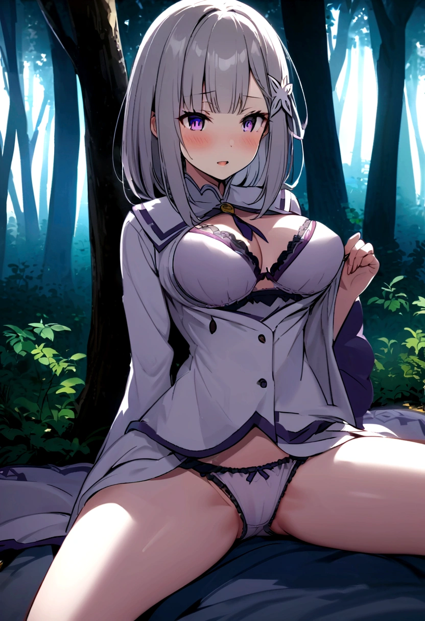Starting Life in Another World from Zero,Emilia,Medium breast,in the forest, (((serafuku0.9))(((clothes lift)))(((show off bra))) (((frilled panties)))Sitting and spreading legs