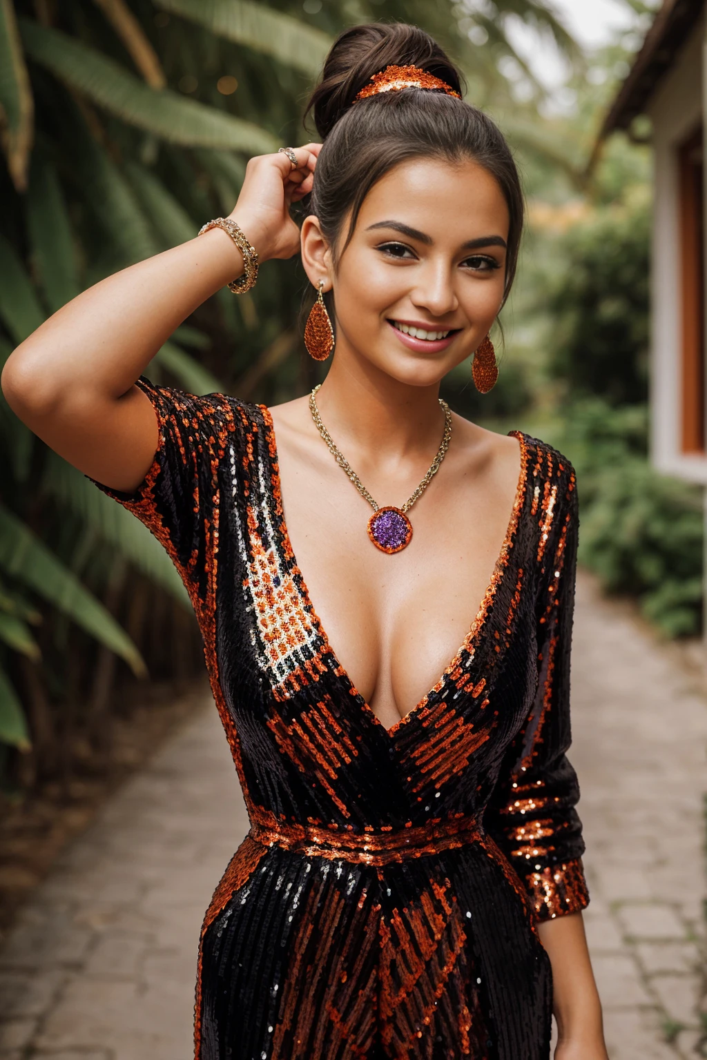 Half-length glamour portrait, nikon D850, f1.6 lens, 200mm, DSLR, 22 Megapixels, (((Colonial-style villa scene))), shot of a stunning 20 years old portuguese girl, (smile:1.4), (wearing Dark orange Sequin jumpsuit with open back:1.6), ((seductive pose)), hot girl, (((big natural breasts))), (((brown ponytail hair))), (small girl), symmetrical face, photorealistic, photography, (bright natural lighting), gorgeous, deep cleavage, (masterpiece), best quality, high resolution, extremely detailed, cinematic lighting, (((very narrow waist))), rich colors, hyper realistic, lifelike texture, ((jewelry)), (((She has beautiful hands and wears rings))), (bracelet), (necklace), (ankle chain), (nail polish) (earrings), Fuji Superia 200, 8k
