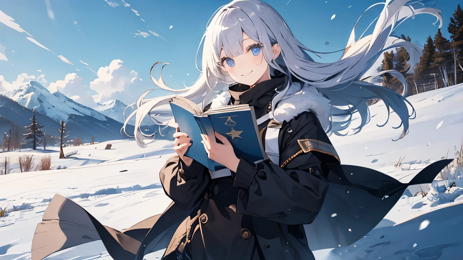 （Cute older sister:1.3）、Long eyelashes、smile,Spring atmosphere、noon、Aggressive、((Strong winds))、Black Pantyhose、Shining Eyes、Beautiful Mountain々、snow,Holding a book