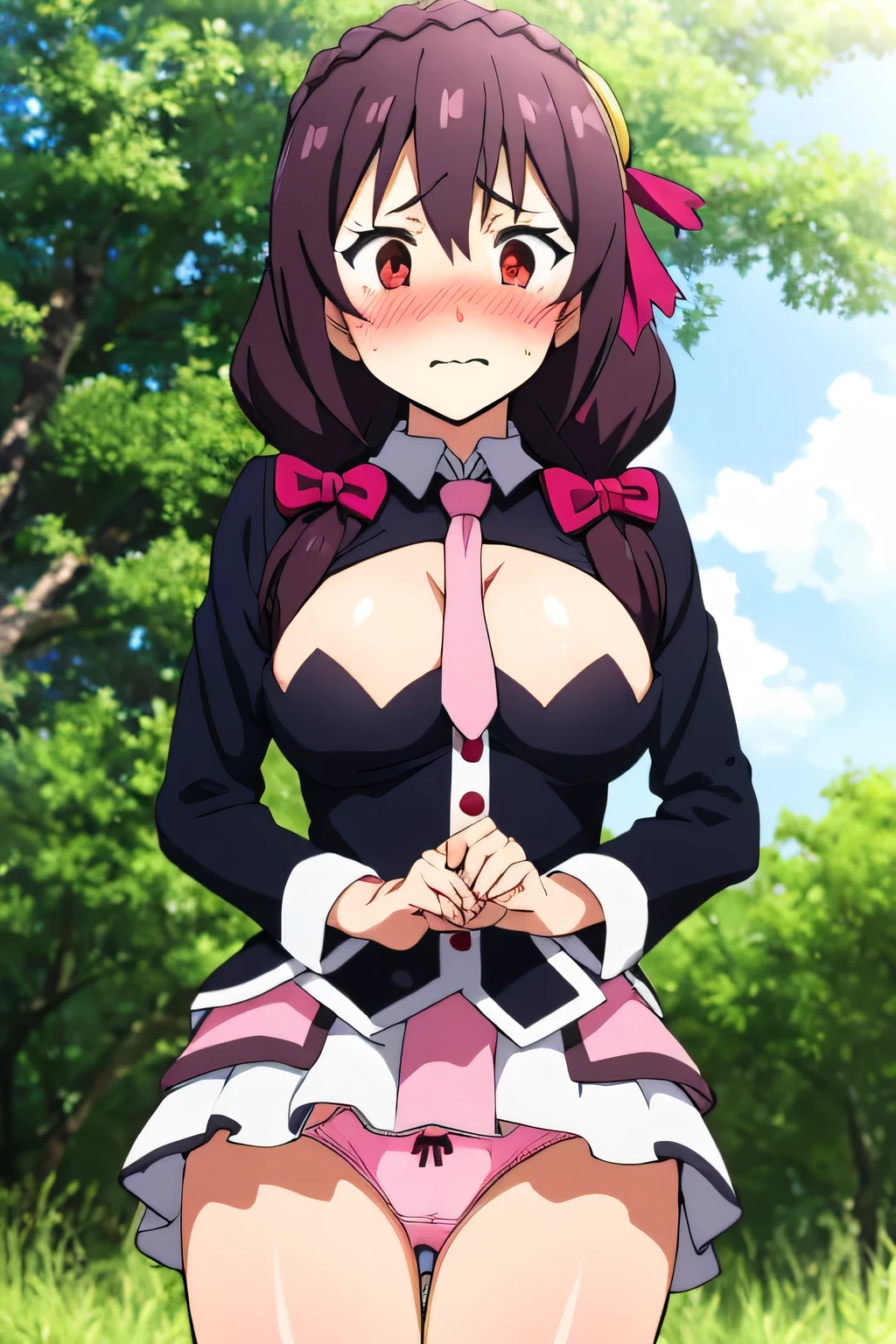 (masterpiece, Highest quality), One girl, Yunyun,Long Hair,Braiding,Twin tails,Hair between the eyes,Red hair ribbon,hair ornaments,large round breasts,、Pink Skirt、Black Hair、Red Eyes、(Embarrassed face:1.2)、grassland、Crown Blade,Black Shirt, Long sleeve,Pink tie, belt, Cleavage cutout、cowboy shot、(blush:1.ung face、Look Back、I see pink underwear、View from below