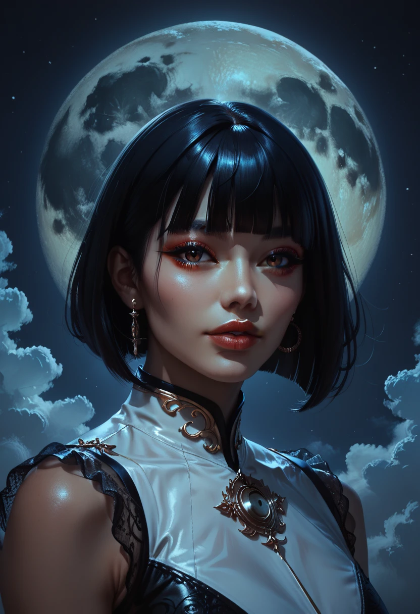 score_9, score_8_up, score_7_up, score_6_up, rating:safe, 1girl, solo, blunt_bangs, bangs, black_hair, moon, lips, looking_at_viewer, portrait, parted_lips, full_moon, bob_cut