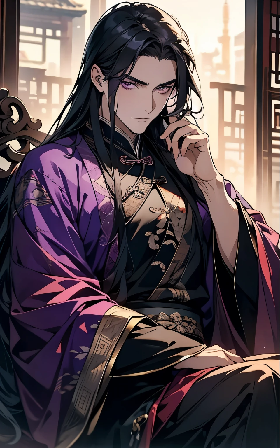 1 middle-aged man, (45 years old), long black hair, violet eyes, chinese clothes, (!PURPLE! clothes), available at purple chinese room, portrait