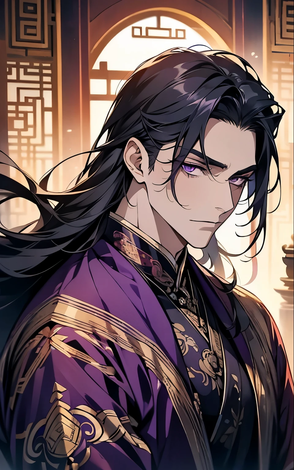 1 middle-aged man, (45 years old), long black hair, violet eyes, chinese clothes, (!PURPLE! clothes), available at purple chinese room, portrait