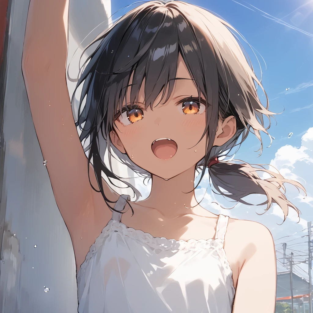 score_9, score_8_up, score_7_up, source_anime, best quality, masterpiece, official art, absurdres, highres, ultra-detailed,waifu2x,Collection: Slice of Life,break,1girl, tomboy, dark-skinned female, short hair, low ponytail, flat chest,  beautiful detailed eyes, short shorts, sweat, open mouth, (yawn:0.3), sleepily, outdoors, wind, break,(clear line illustration:1.2),very high resolution, very aesthetic, super detailed skin, Best sexual lighting powered by famous artist, 8k,cute picture,beauty illustration,photoshop_(medium),,(Detailed Lighting),best anime 8k konachan wallpaper, pixiv contest winner, 