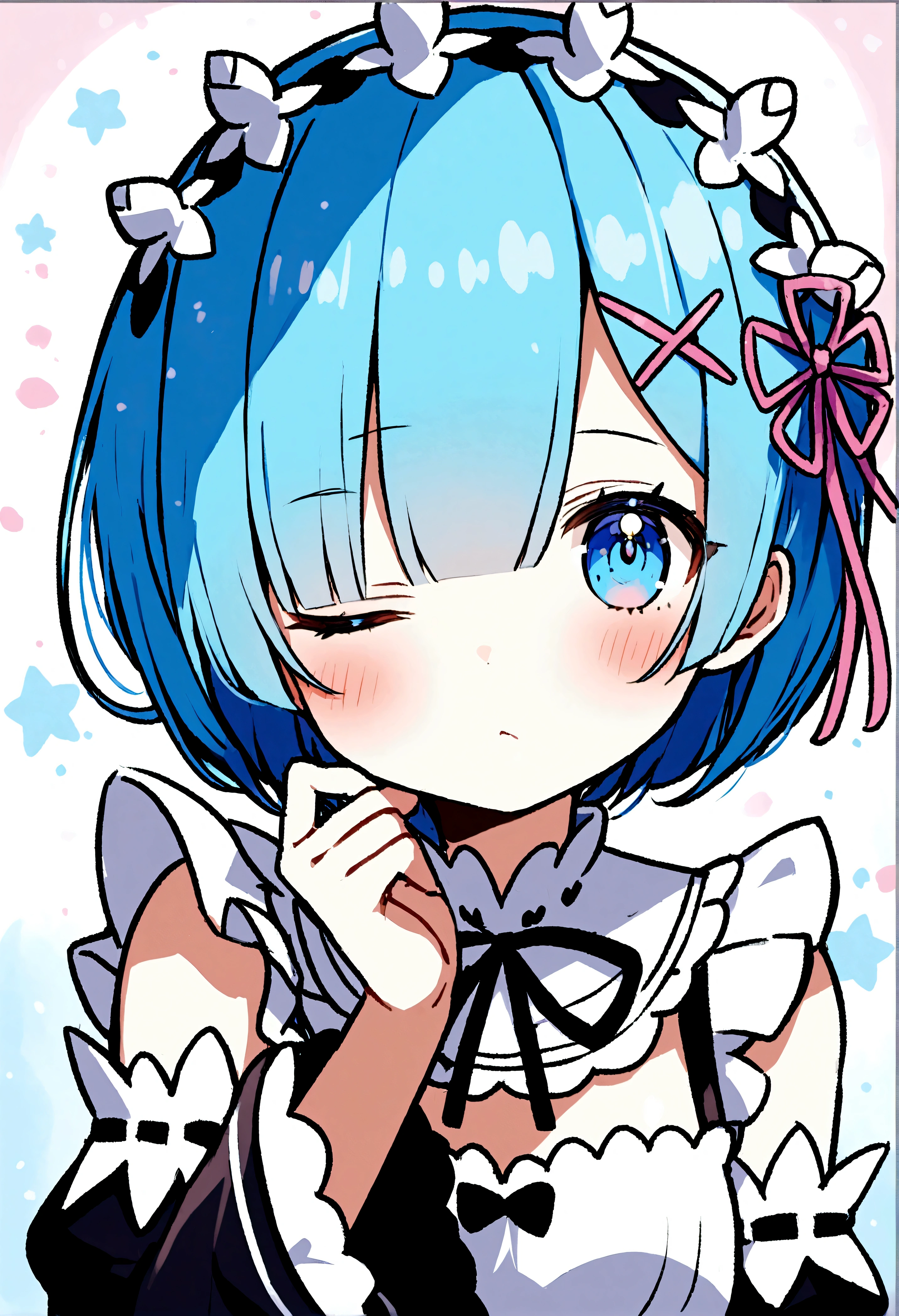 1girl, bangs, blue eyes, blue hair, blush, chibi, closed mouth, detached sleeves, dress, frilled sleeves, frills, hair ornament, hair ribbon, long sleeves, looking at viewer, maid, maid headdress, neck ribbon, one eye closed, petals, pink ribbon, rem \(re:zero\), ribbon, roswaal mansion maid uniform, short hair, solo, star \(symbol\), upper body, x hair ornament