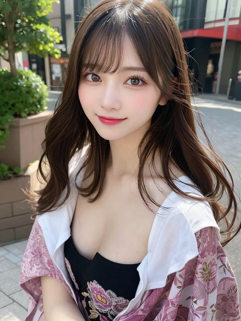 masutepiece, Best Quality, Illustration, Ultra-detailed, finely detail, hight resolution, 8K Wallpaper, Perfect dynamic composition, Beautiful detailed eyes, Women's Fashion Summer,Medium Hair,Small breasts natural color lip, Bold sexy poses,Smile,Harajuku、20 years girl、Cute、Sexy shot looking at camera