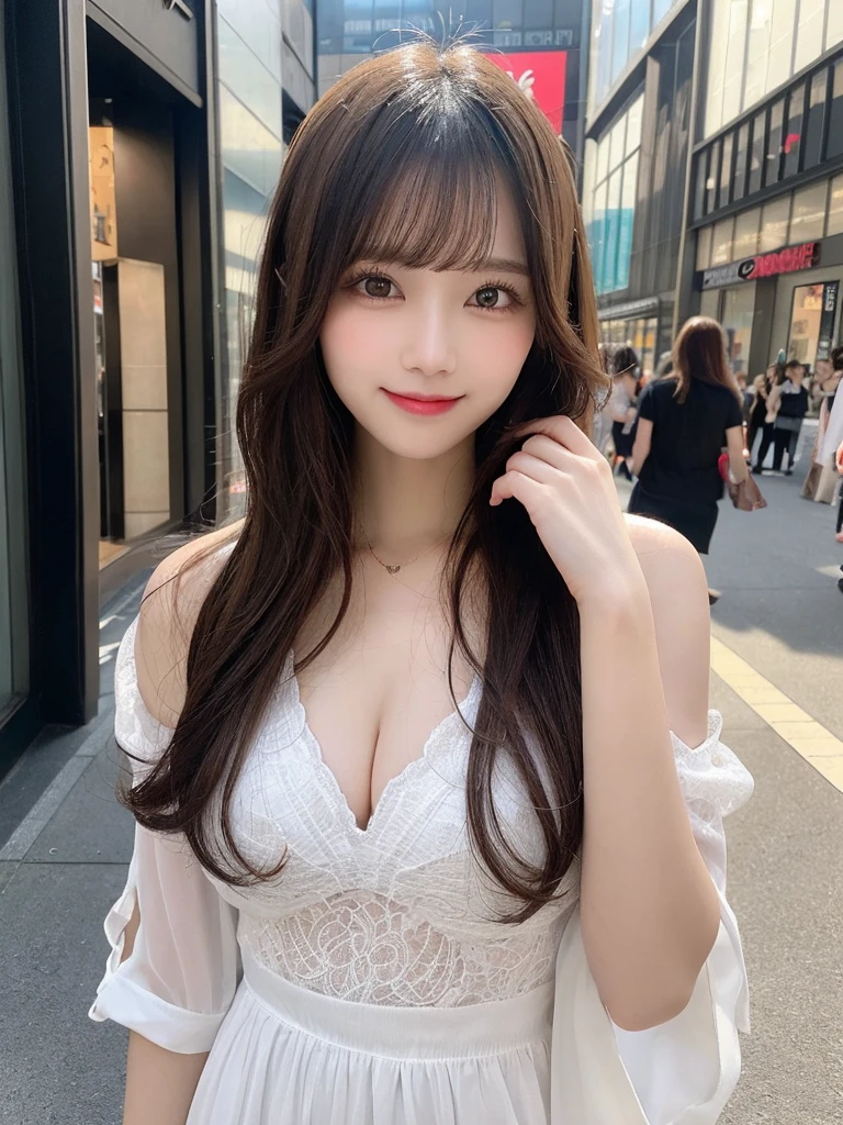 masutepiece, Best Quality, Illustration, Ultra-detailed, finely detail, hight resolution, 8K Wallpaper, Perfect dynamic composition, Beautiful detailed eyes, Women's Fashion Summer,Medium Hair,Small breasts natural color lip, Bold sexy poses,Smile,Harajuku、20 years girl、Cute、Sexy shot looking at camera