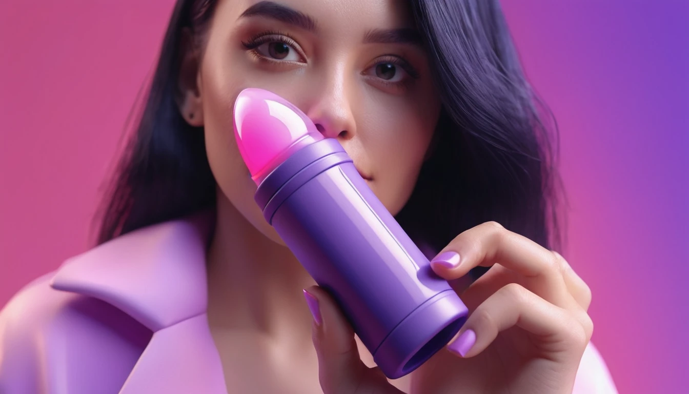 smartphone in her hand, blackhair female hands holding dildo to her face, that is glowing with pink and purple colours, dripping wet, closeup macro photo, minimalistic, in a light purple and pink style, with soft edges and blurred details, in the toycore style, with a 3D render, on a colorful background, with a minimalist stage design, in a surreal style, with a cinema4D rendering, with a minimalist style, with low saturation, using gradient colors, with a cinema4D rendering, with a blender rendering, with super detail, at a super high resolution, at a super high definition