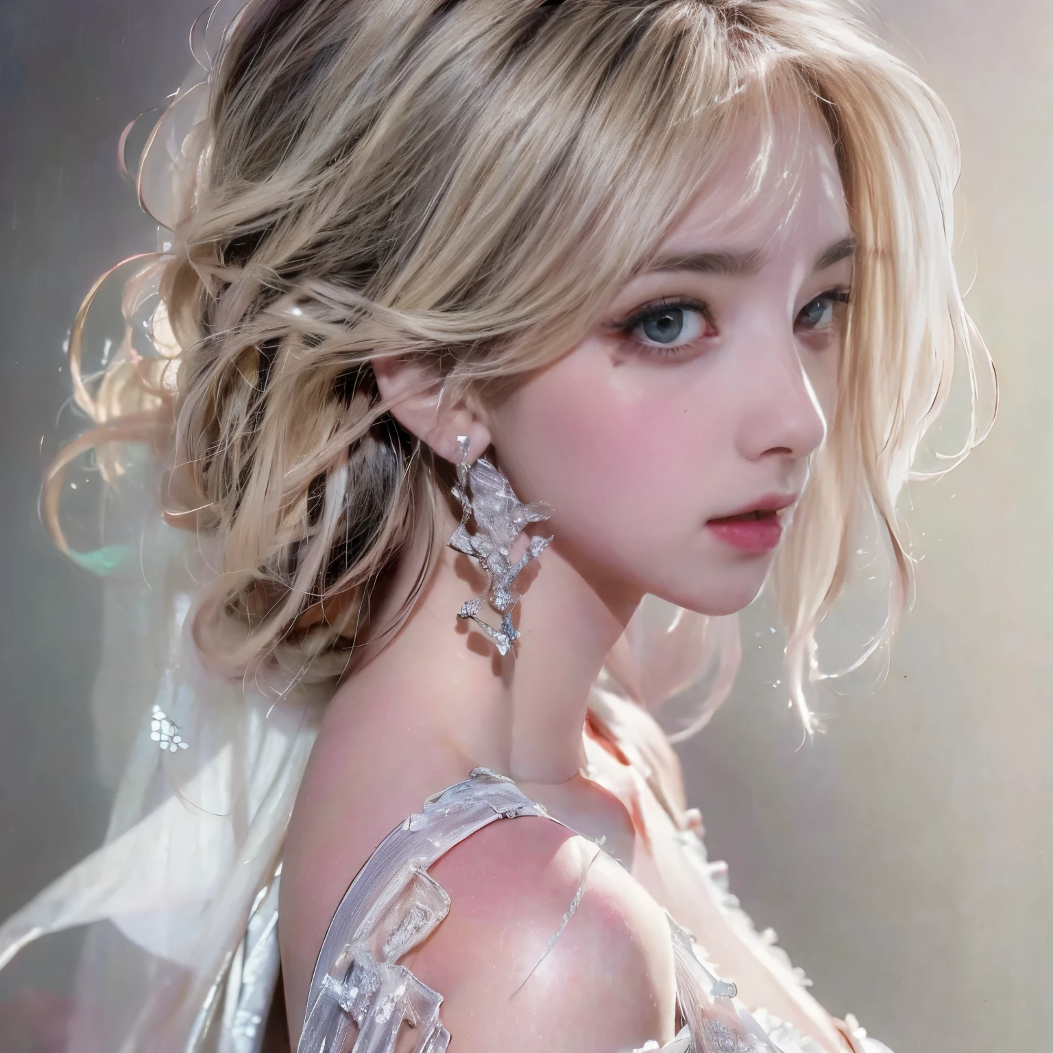 8K)、(Best image quality:1.5)、gray background、face close up、1girl、masterpiece、Delicate and sharp eyes、brown eyes、power of eyes、delicate face、cup、attractive face、platinum blonde hair、Half length wave、wedding dress、ピンクのwedding dress、I can see your collarbone、female、collarbone emphasis、earring、necklace、