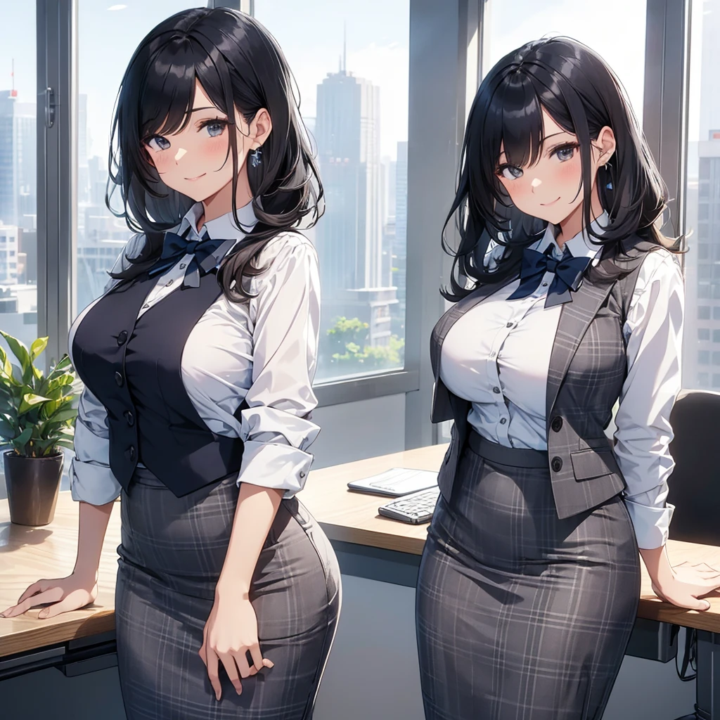 1lady standing, office worker, receptionist, (vest with white and gray checks:1.2) (navy pencil skirt) bowtie, mature female, /(black hair/) bangs, blush kind smile, (masterpiece best quality:1.2) delicate illustration ultra-detailed, large breasts BREAK (modern office indoors), window cityscape, detailed background