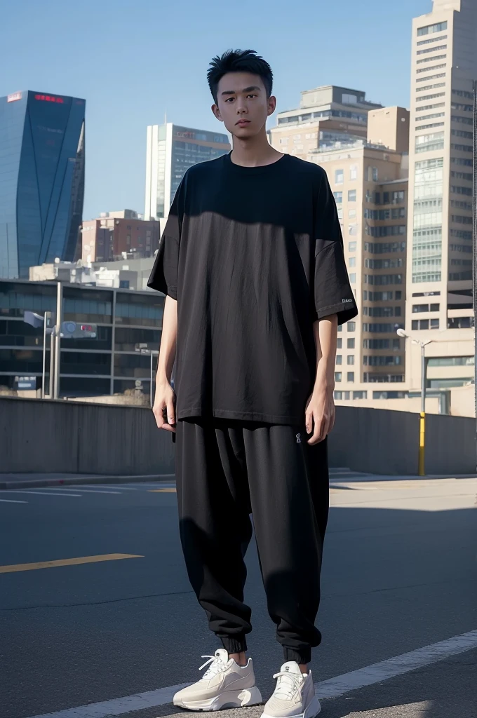 Best Quality, masutepiece, (Photorealistic:1.4), 1boy, Solo, Short hair, Big eyes, oversize blue T shirt, black jogger pants, sneakers ((full body:1.3)), Dramatic Lighting, Looking at Viewer, Standing, Outdoors, Cityscape, A city scape, Buildings