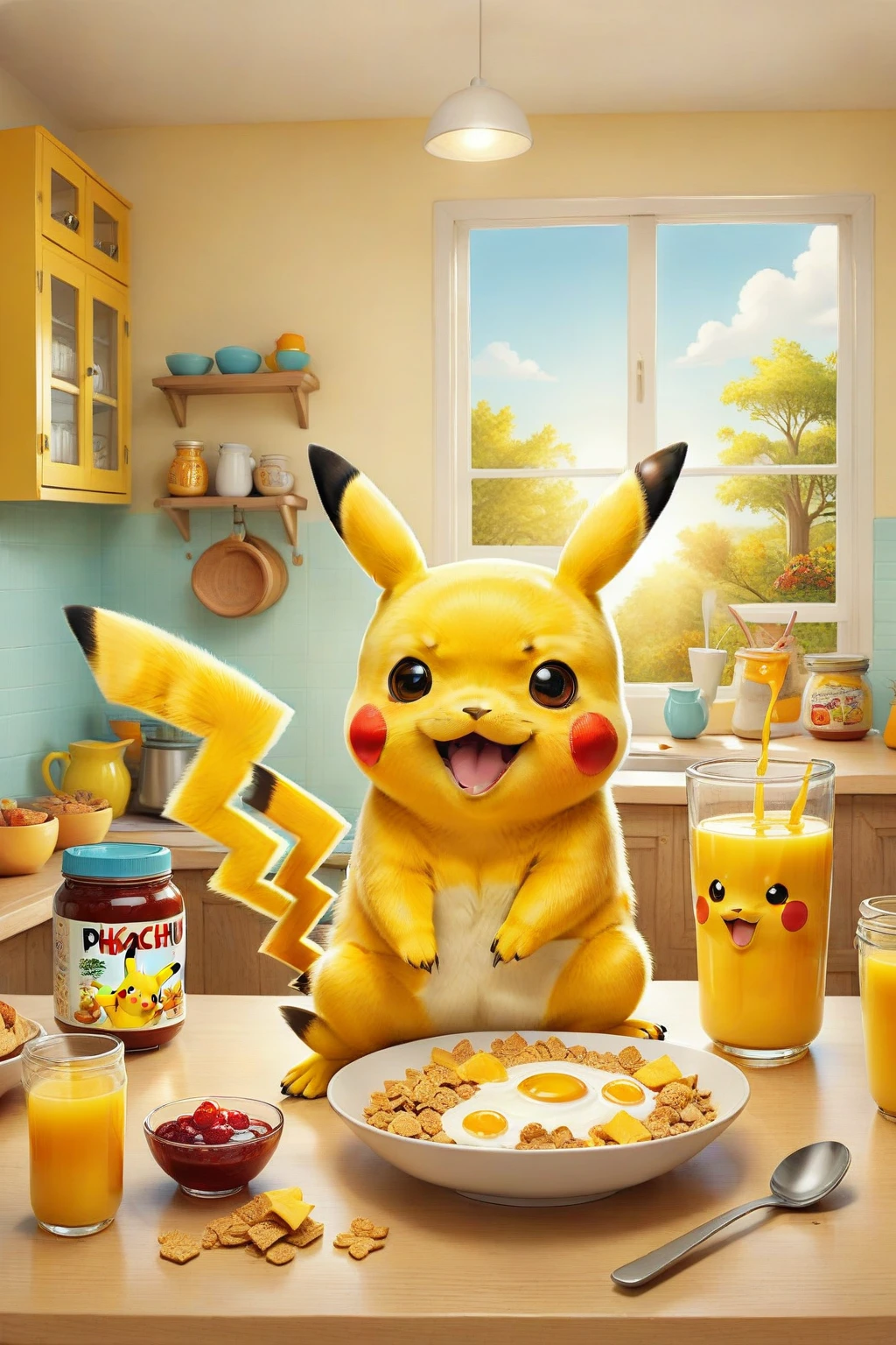 cute illustration of Pikachu having breakfast. Pikachu should be sitting at a kitchen table, enjoying a bowl of cereal with milk. Include elements like a toaster, a jar of jam, and a cup of orange juice on the table. The scene should be bright and cheerful, capturing the simplicity and joy of a morning meal.