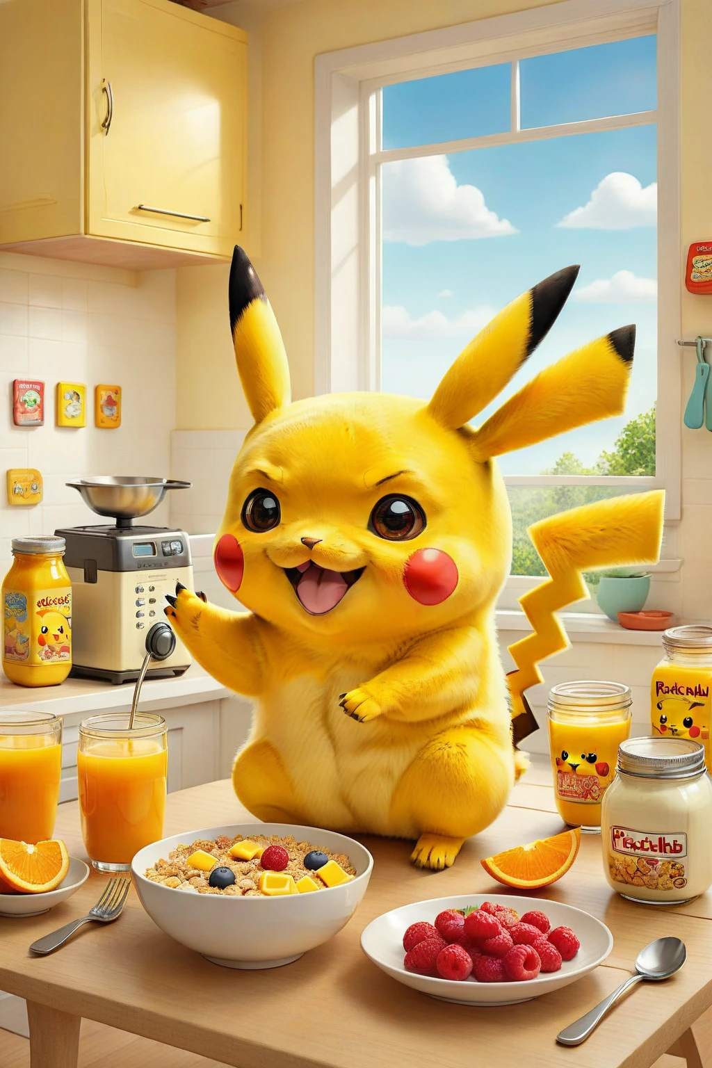 cute illustration of Pikachu having breakfast. Pikachu should be sitting at a kitchen table, enjoying a bowl of cereal with milk. Include elements like a toaster, a jar of jam, and a cup of orange juice on the table. The scene should be bright and cheerful, capturing the simplicity and joy of a morning meal.